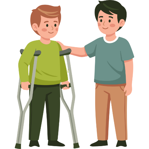 illustration of a disabled boy with walking sticks standing with a friend