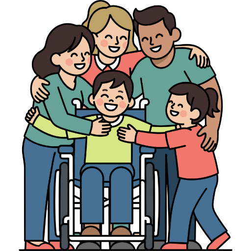 illustration of a family with a disabled son hugging